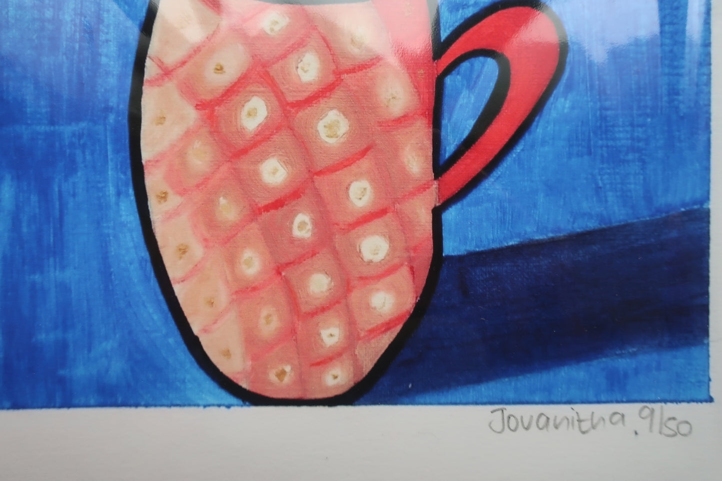 A print of a happy art painting of yellow tulips in a pink mug against a blue background