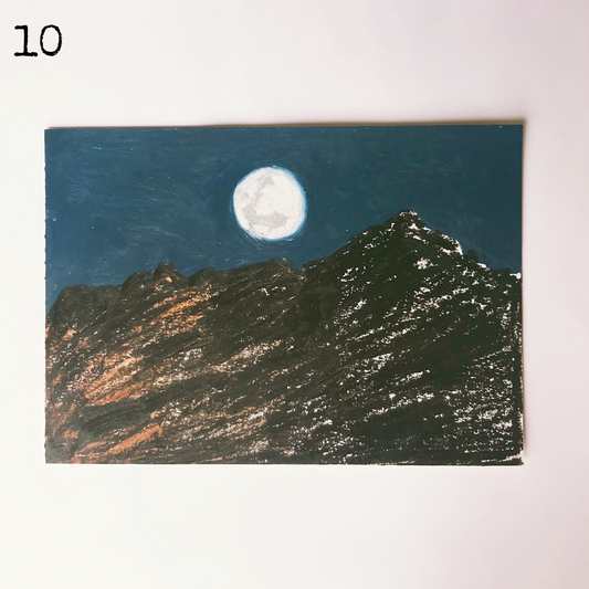 An oil pastel painting of a mountain at night with the moon