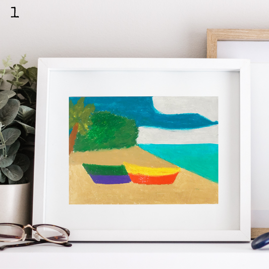 A white framed oil pastel painting of two boats on a beach on a summer day