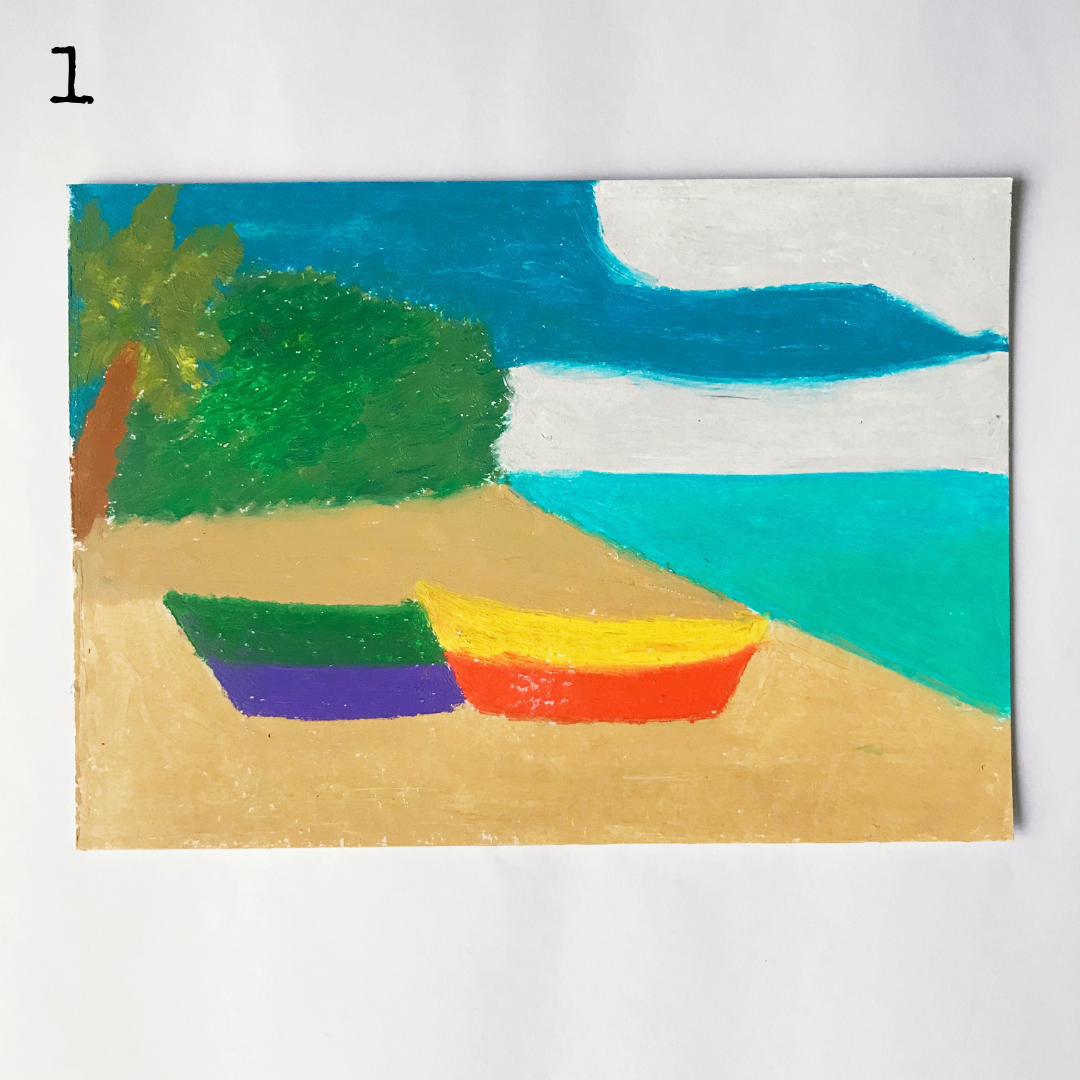 An oil pastel painting of two boats on the beach near a turquoise sea on a bright, sunny day