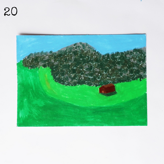 An oil pastel painting of a cute wooden house in a mountain valley