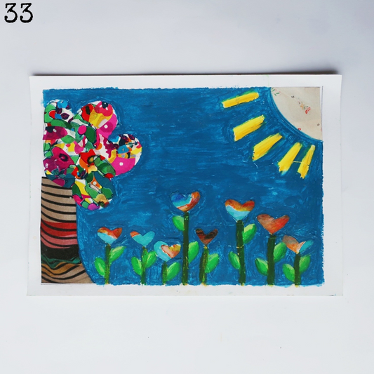A mixed media collage and oil pastel representing a tree and a field of heart-shaped flowers under a blue sky and a bright sun