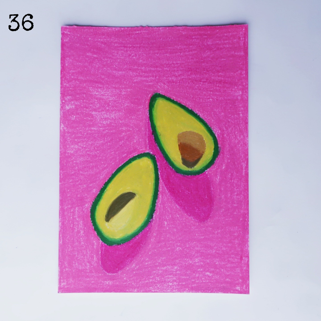 An oil pastel painting of two avocados against a pink background