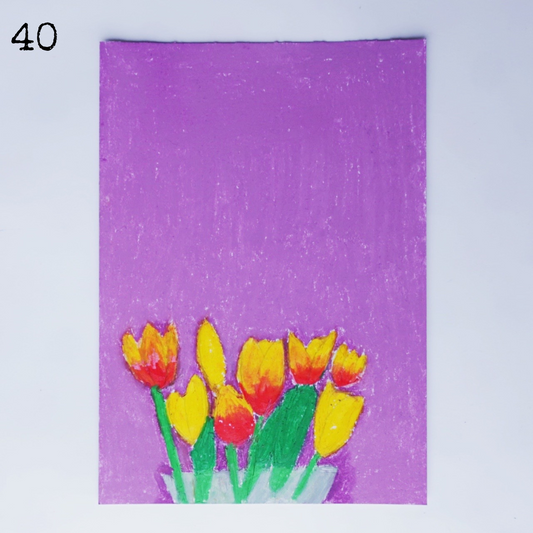 An oil pastel painting of yellow and red tulips against a violet background