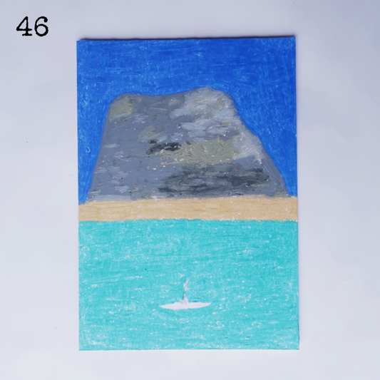 An oil pastel painting of a beach in front of a mountain