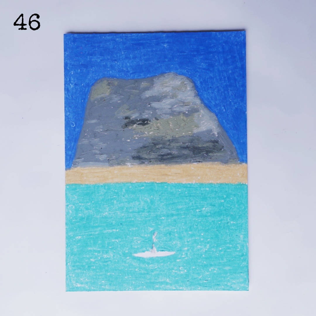 An oil pastel painting of a beach in front of a mountain 