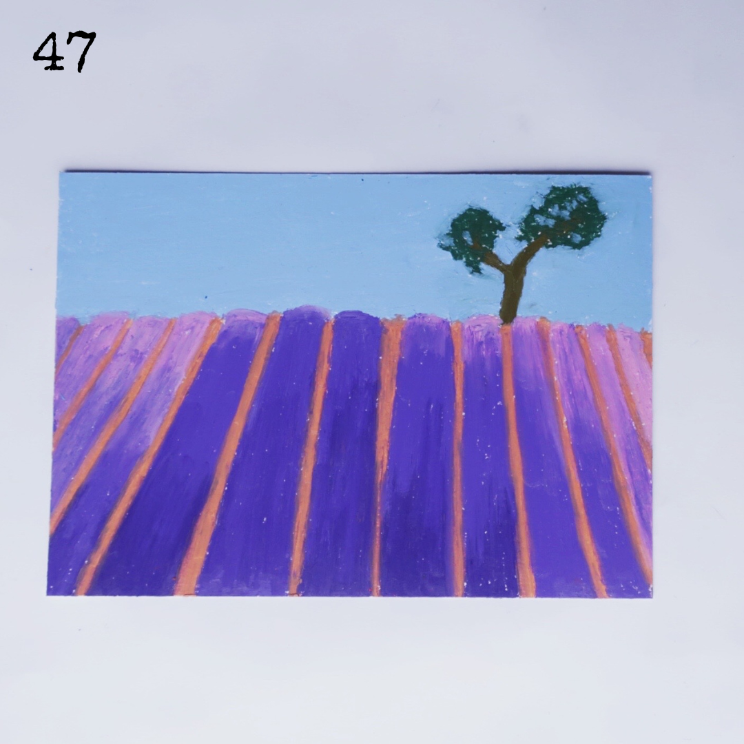 An oil pastel painting of a lavender field under the blue sky