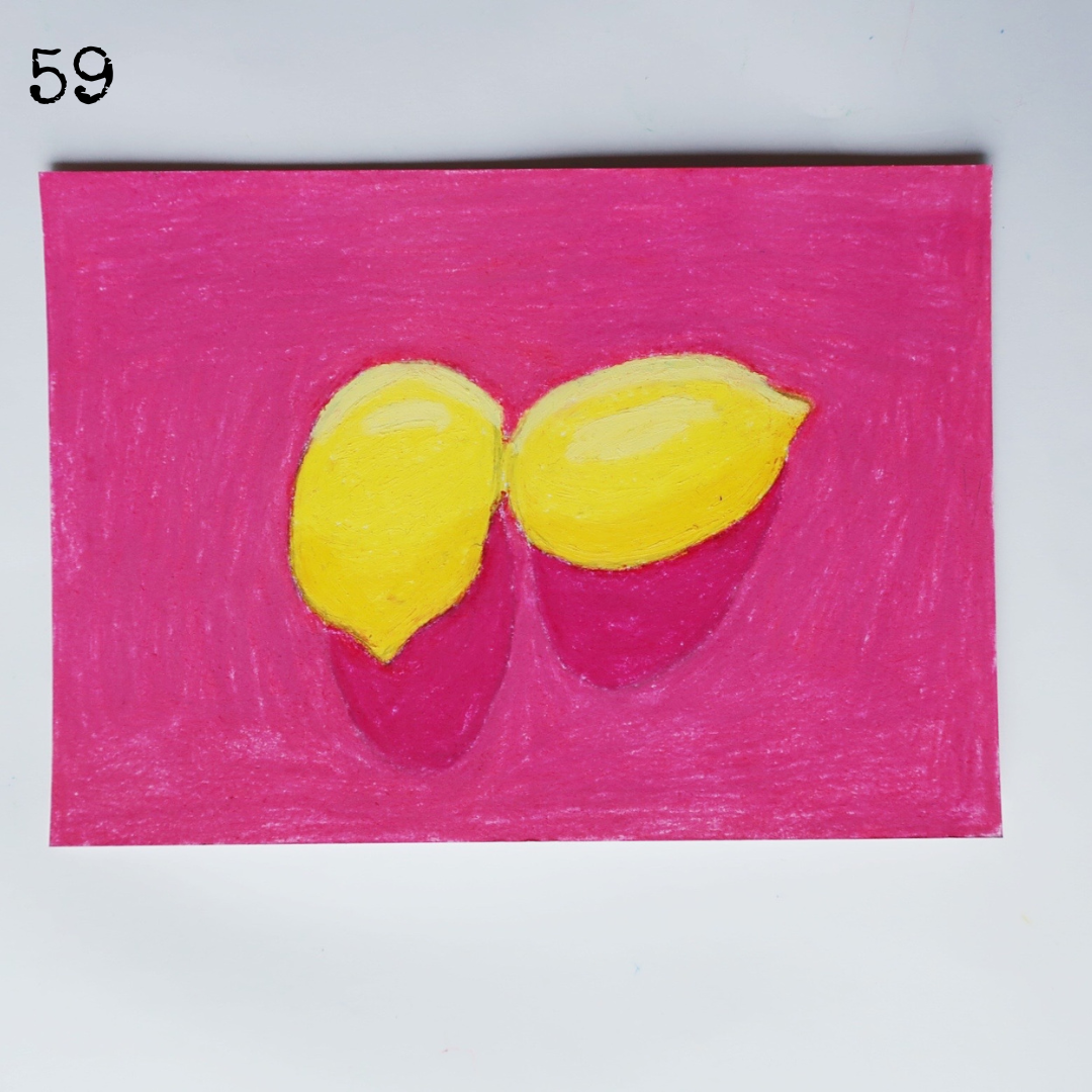 An oil pastel painting of two yellow lemons against a pink background