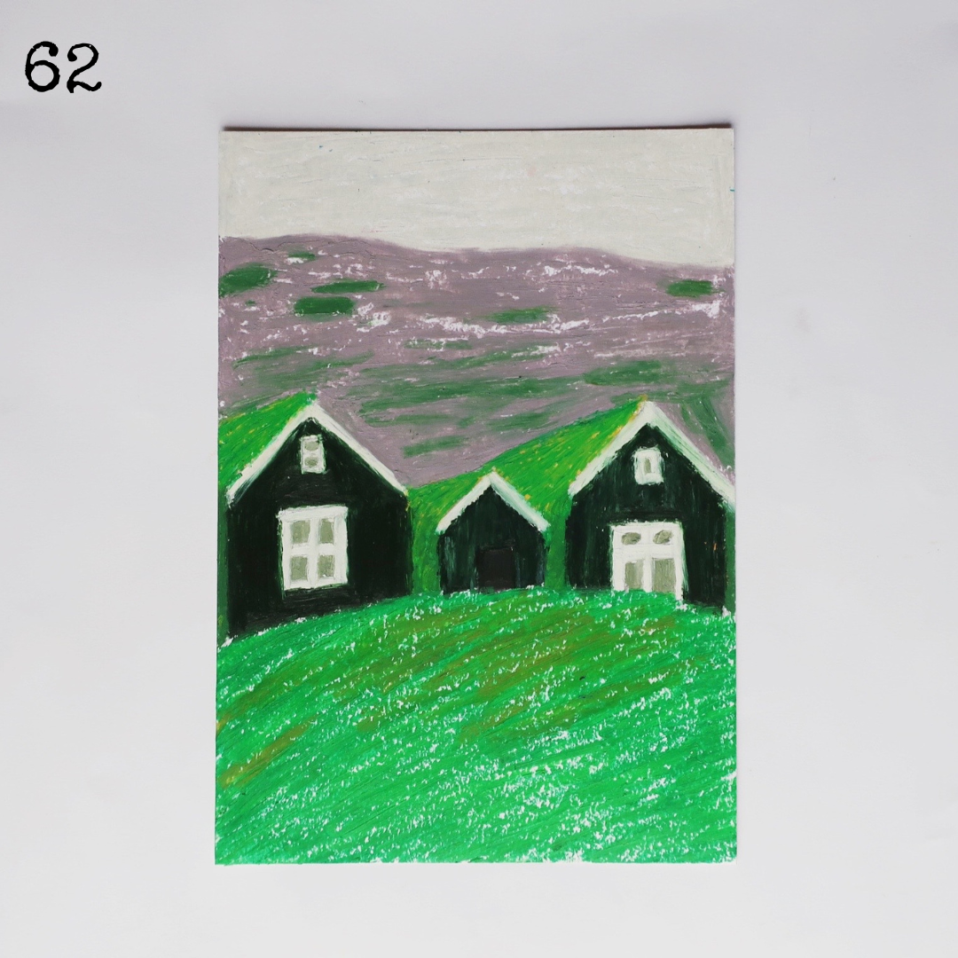 An oil pastel painting of three black houses on a mountain