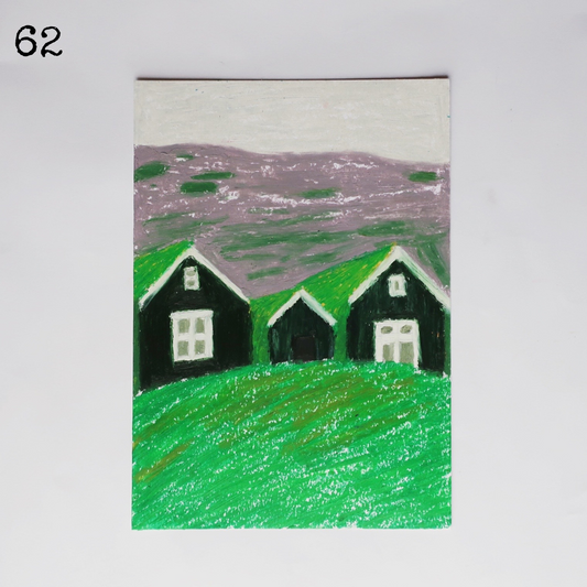 An oil pastel painting of three black houses on a mountain