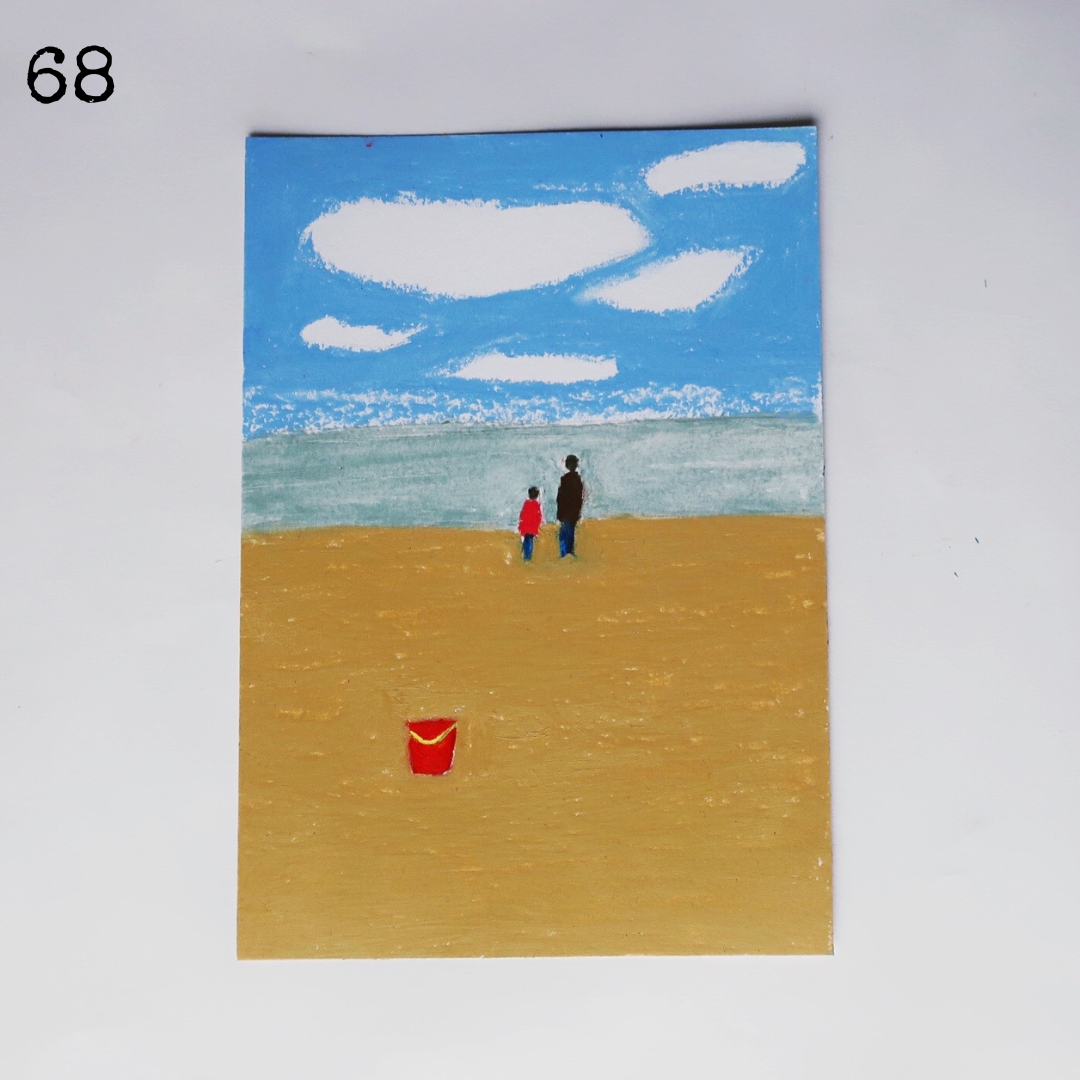 An oil pastel painting showing a father and a child on the beach
