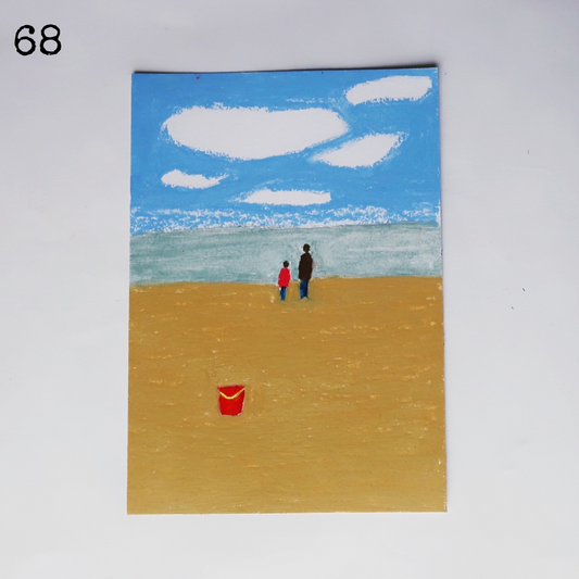 An oil pastel painting showing a father and a child on the beach