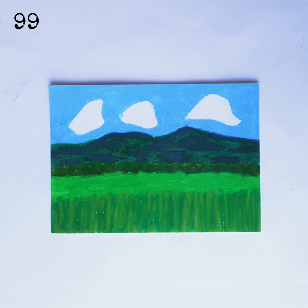 An oil pastel painting of a green field under the blue sky