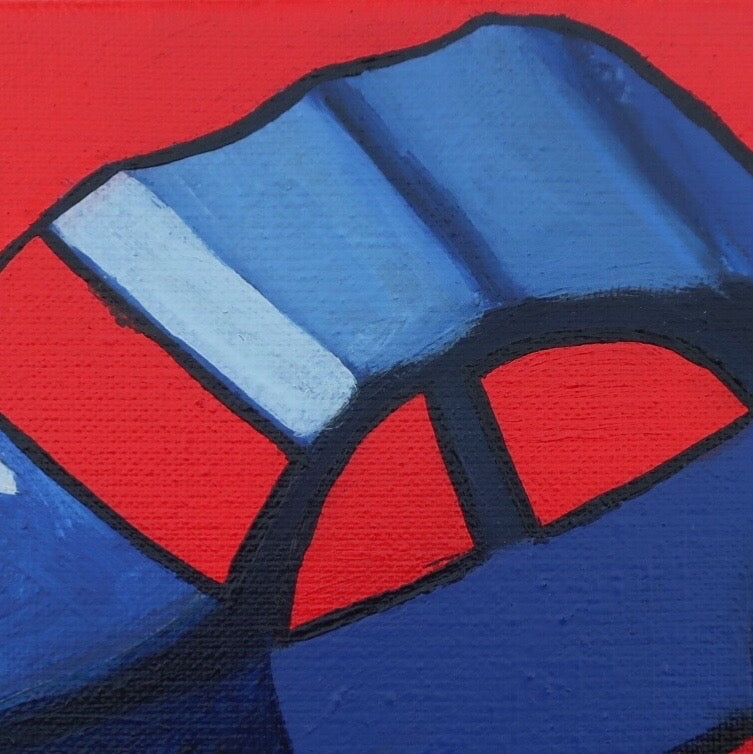 A detail of an oil painting of a blue Citroen 2CV car against a red background