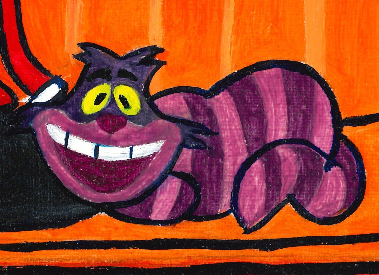 An oil painting of the Cheshire Cat of Alice in Wonderland on the couch from the series Friends