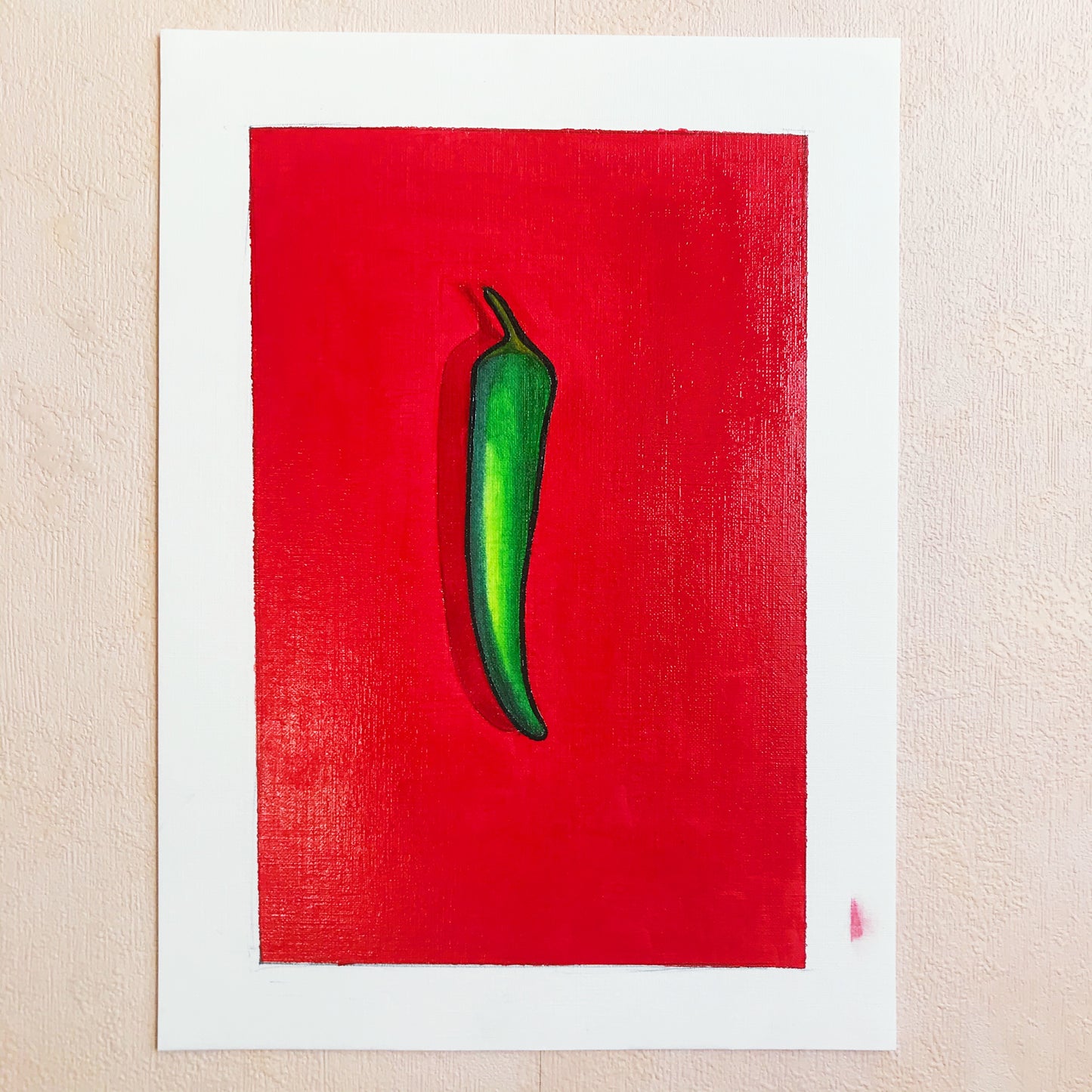 An oil painting of a green chili on a red background