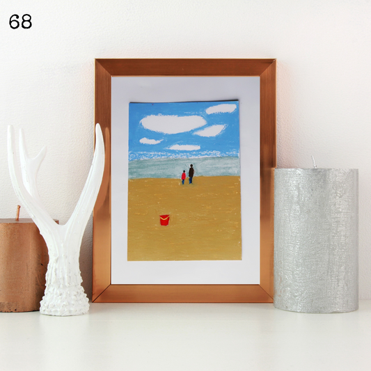 A wooden framed oil pastel painting showing a father and a child on the beach