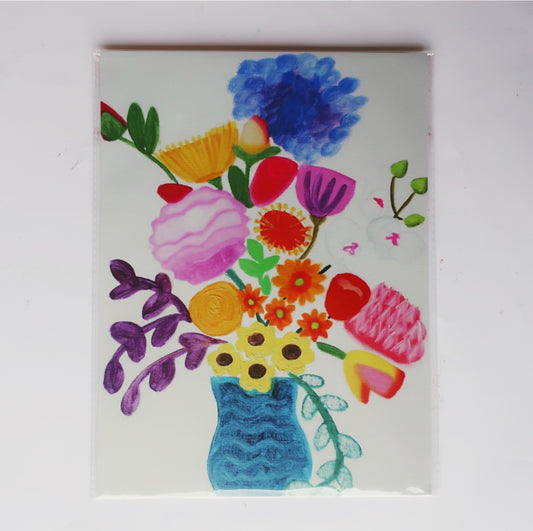 An oil painting of a colourful bouquet of flowers