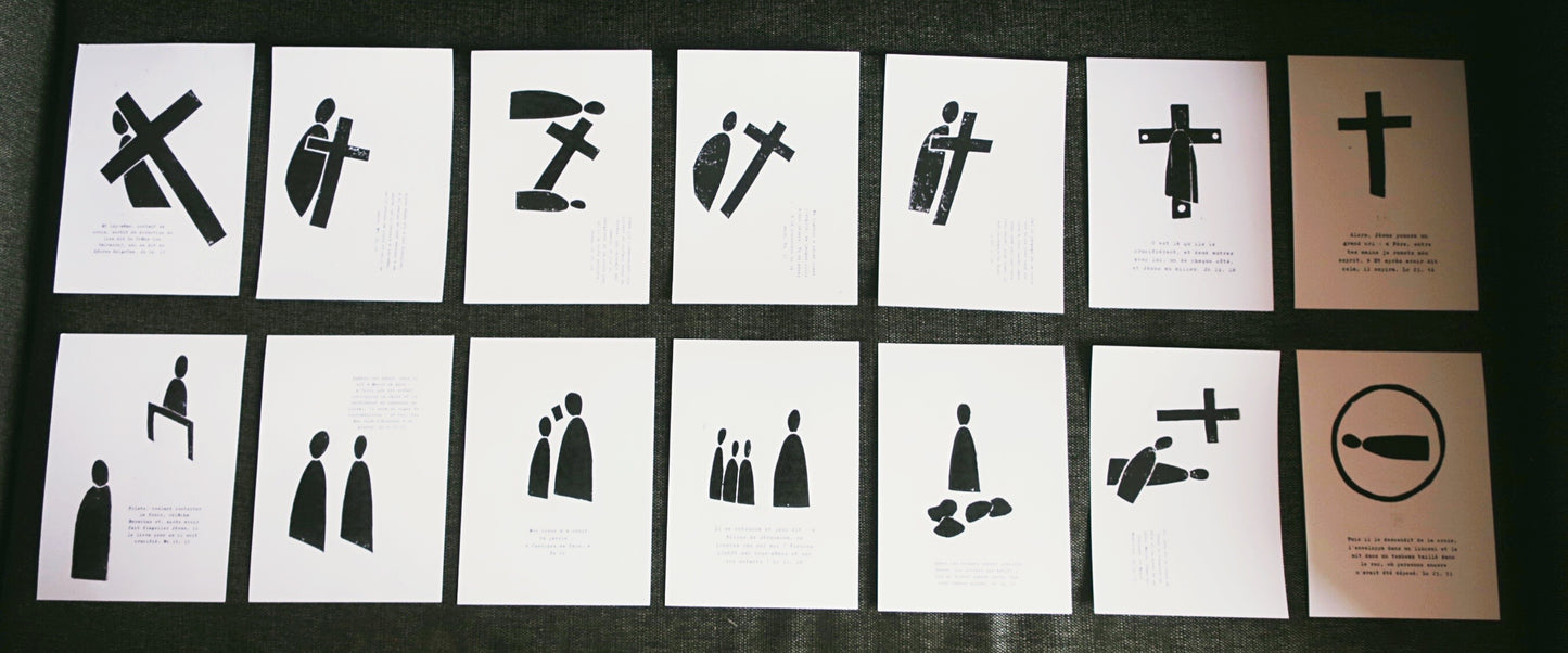 14 linogravures représentant les 14 stations du chemin de croix