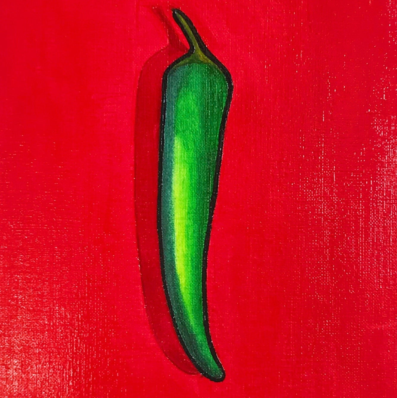 A happy art painting of a green chili on a red background
