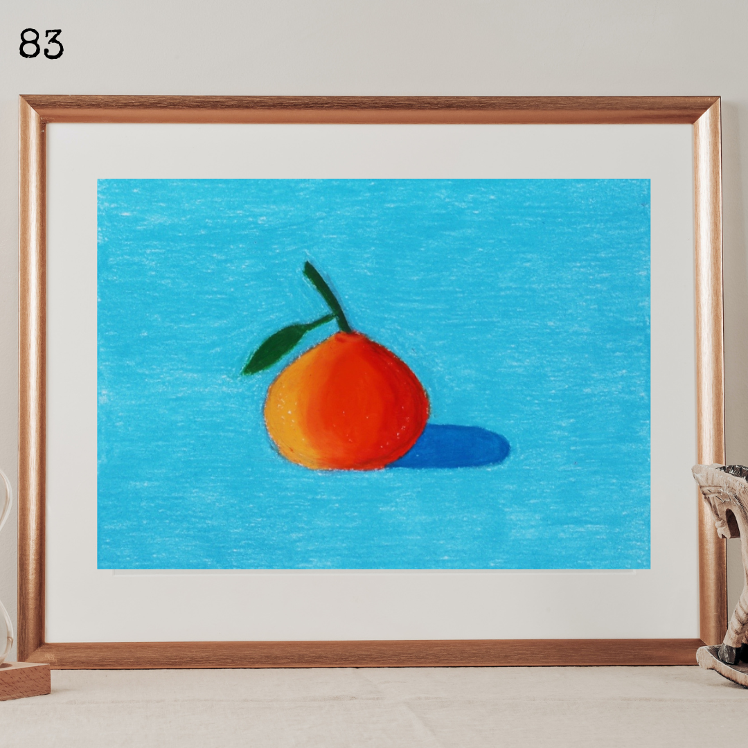 A framed oil pastel painting of an orange clementine against a blue background