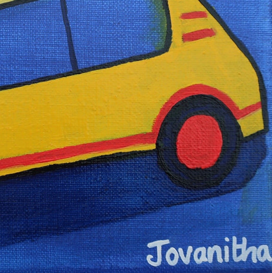 A detail of an oil painting of a yellow Peugeot 205 car against a blue background 