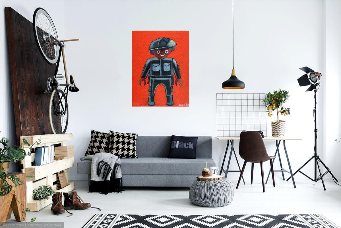 An oil painting of a black policeman Playmobil against an orange background on a white wall
