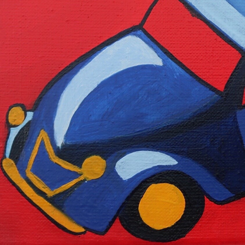 A detail of an oil painting of a blue Citroen 2CV car against a red background