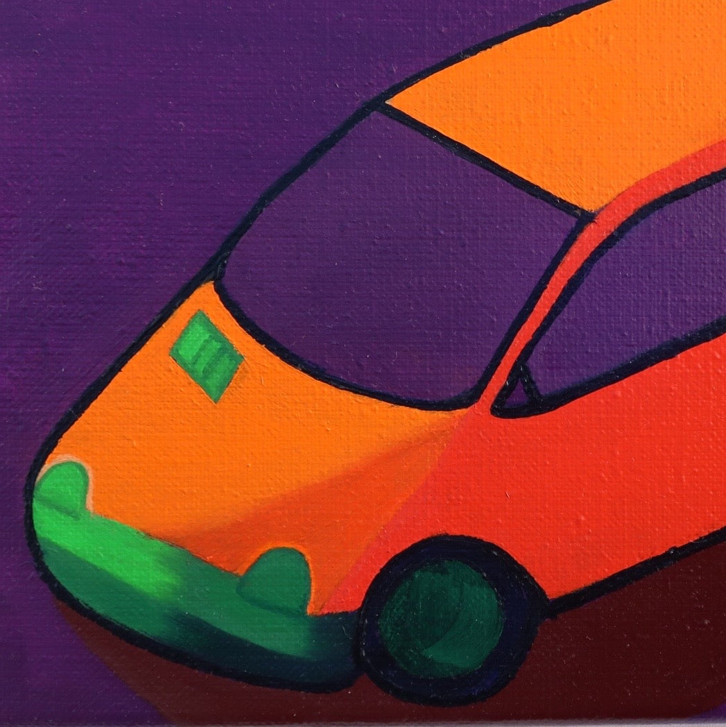 A detail of an oil painting of an orange Renault twingo car against a violet background