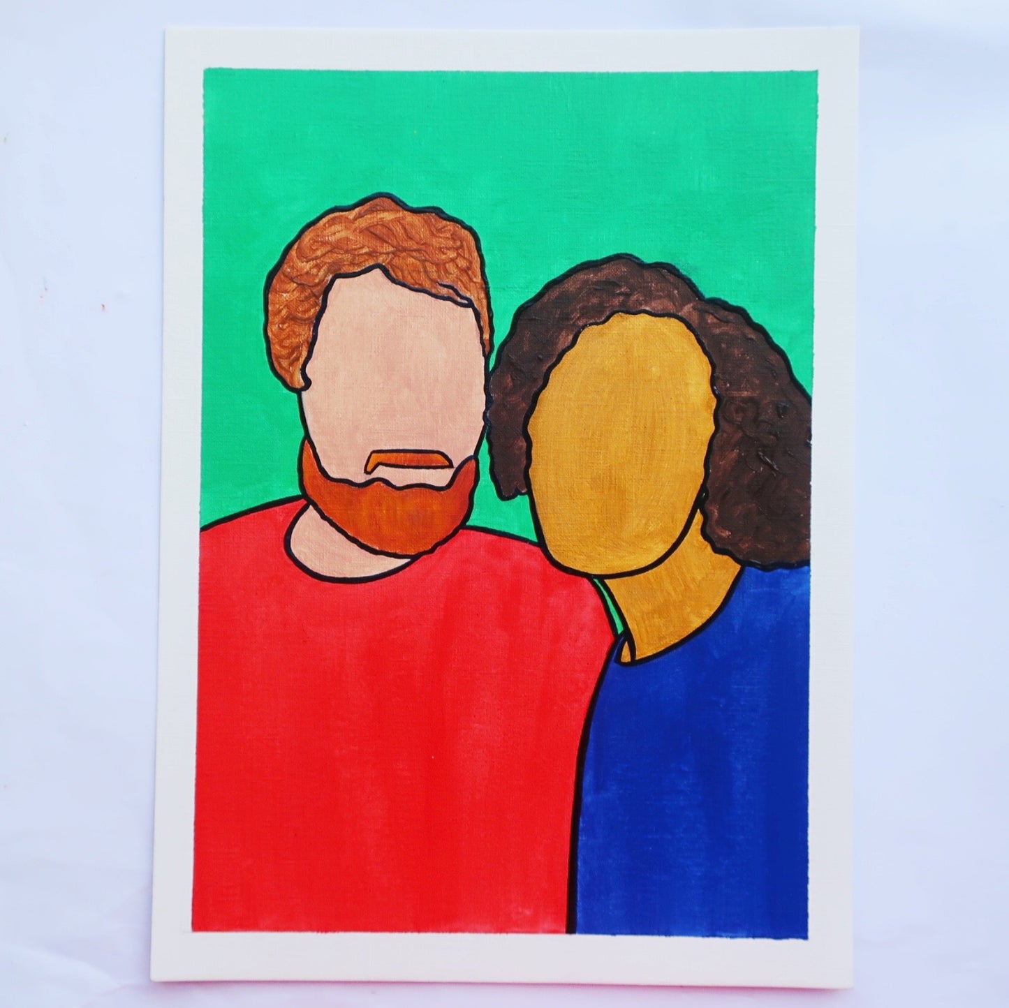 An oil painting of a red bearded man and a black woman on a green background