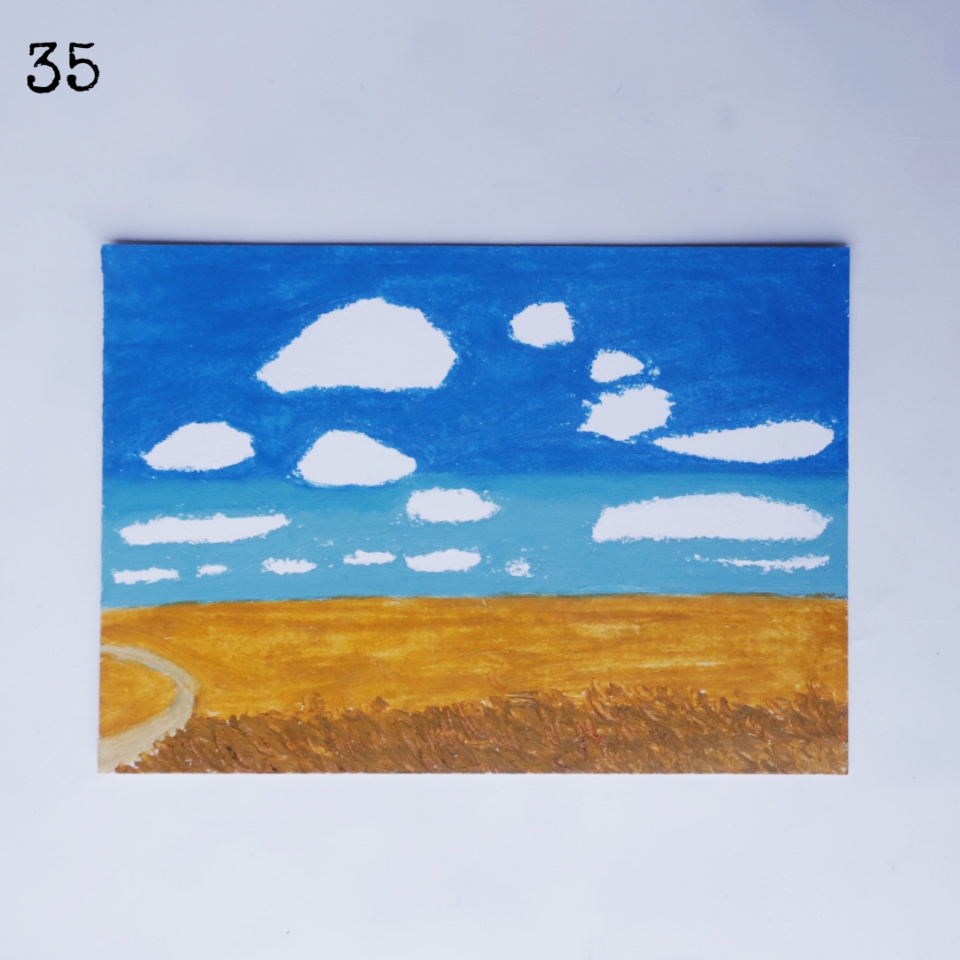 An oil pastel painting of a wheat field on a bright summer day