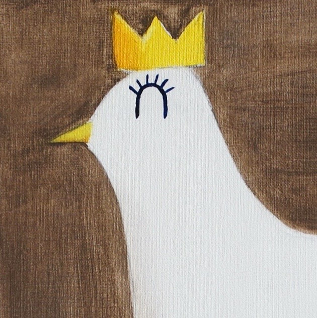 An oil painting of a white hen with a heart-shaped wing and a crown on her head laying big oranges