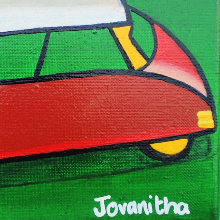 A detail of an oil painting of a red Citroen DS car against a green background