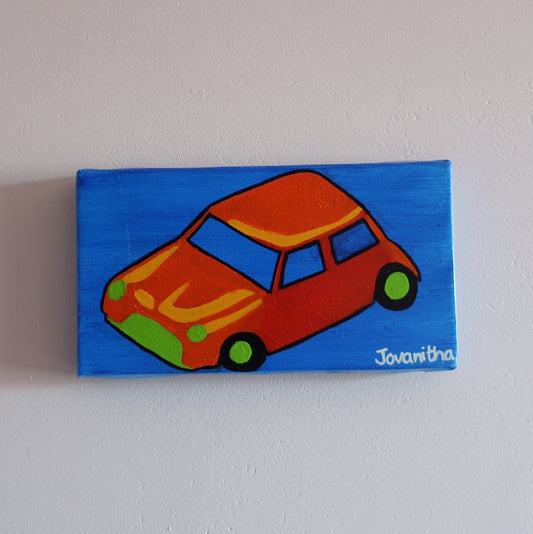 An oil painting of an orange Mini Cooper car against a blue background on a white wall