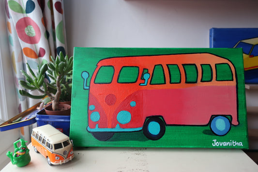 An oil painting of an orange VW Combi van against a green background on a white shelf