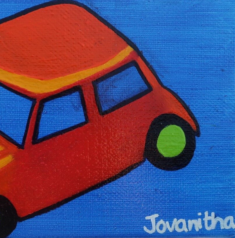 A detail of an oil painting of an orange Mini Cooper car against a blue background