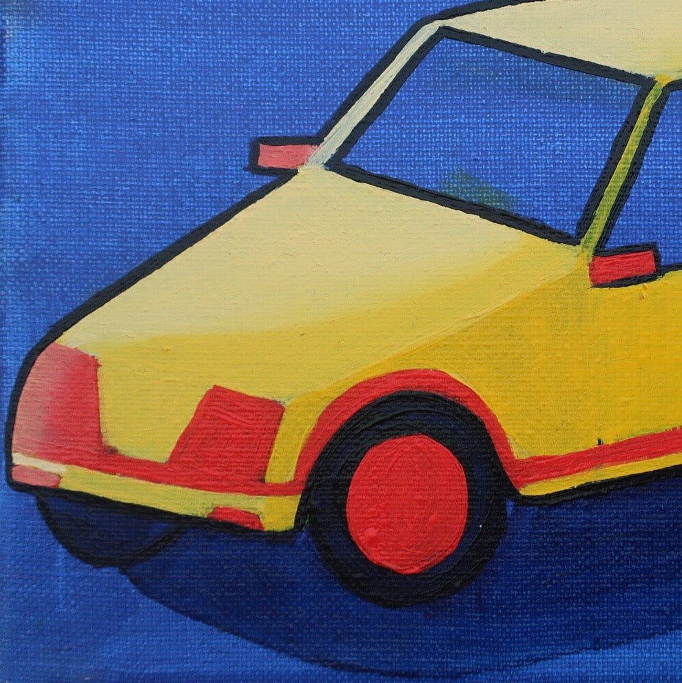 A detail of an oil painting of a yellow Peugeot 205 car against a blue background 