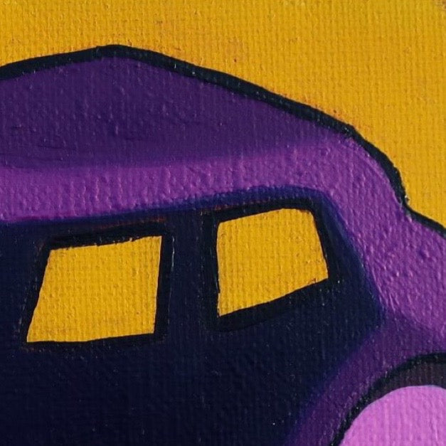 A detail of an oil painting of a violet Citroen Traction car against a yellow background