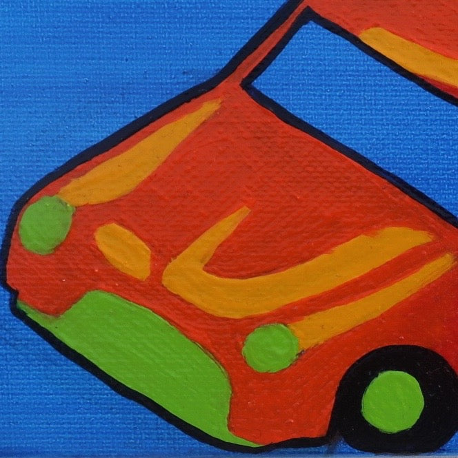 A detail of an oil painting of an orange Mini Cooper car against a blue background