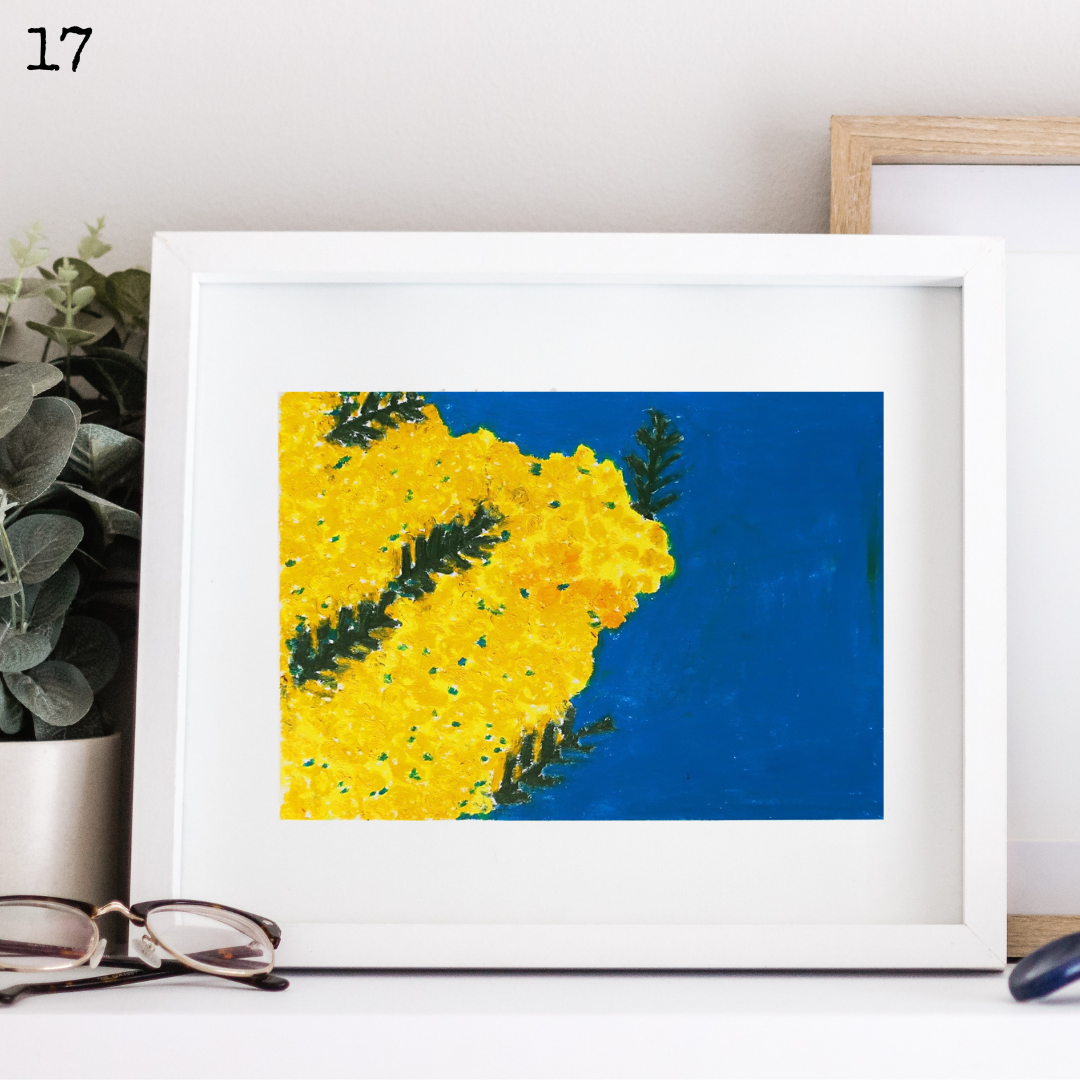 A framed oil pastel painting of yellow mimosa flowers in the blue sky