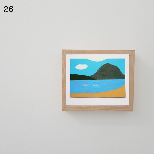 A wooden framed oil pastel painting of beach with mountains