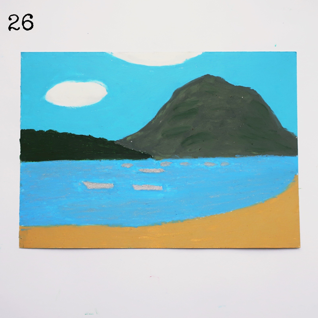 An oil pastel painting of beach with mountains