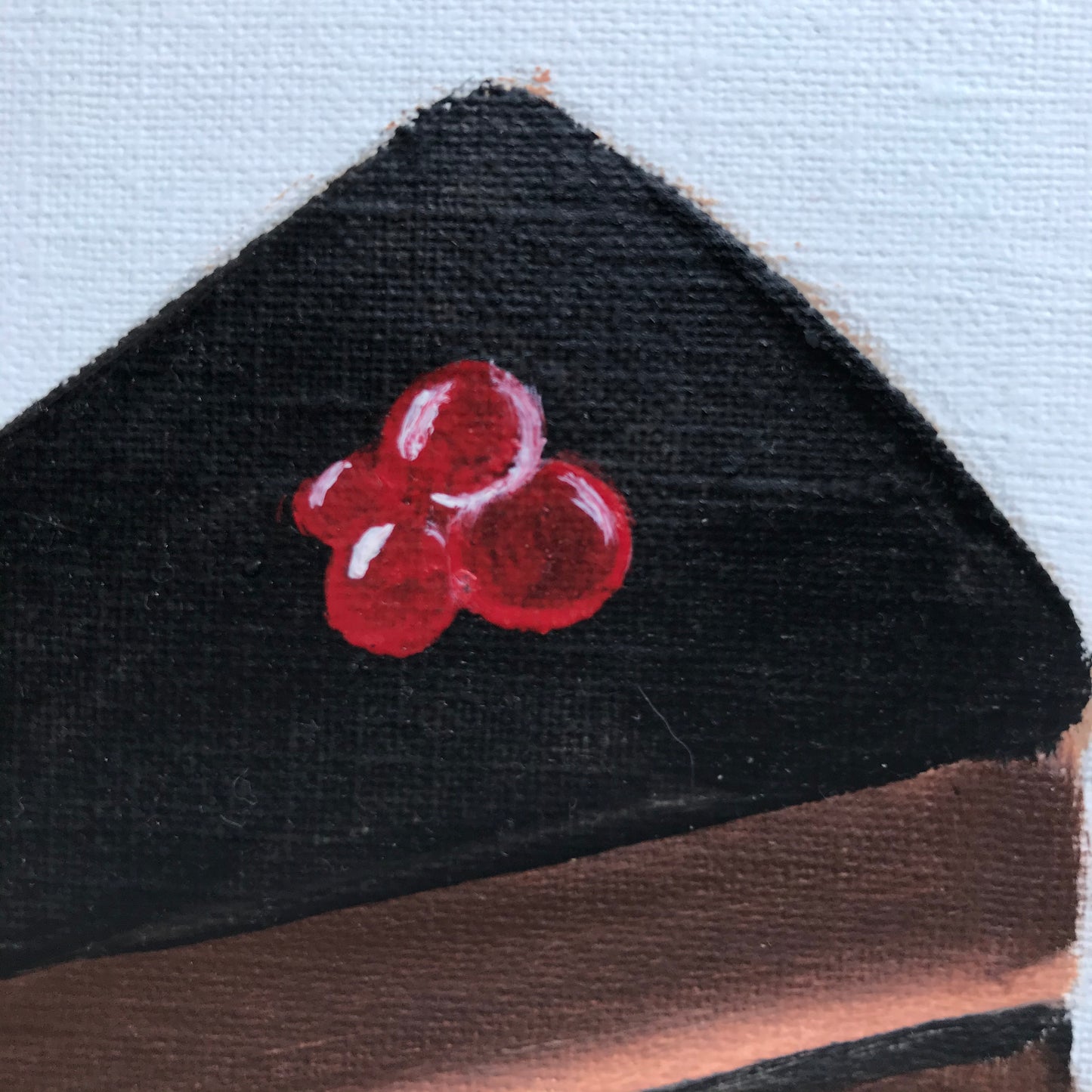 A painting of red fruits on a chocolate cake