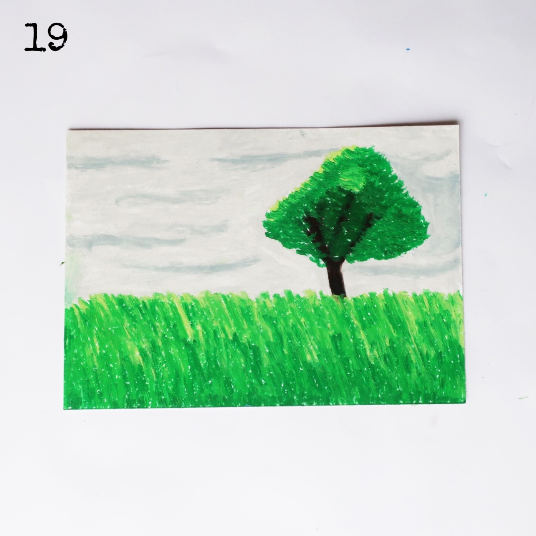  An oil pastel painting of a green tree in a green field under a stormy sky