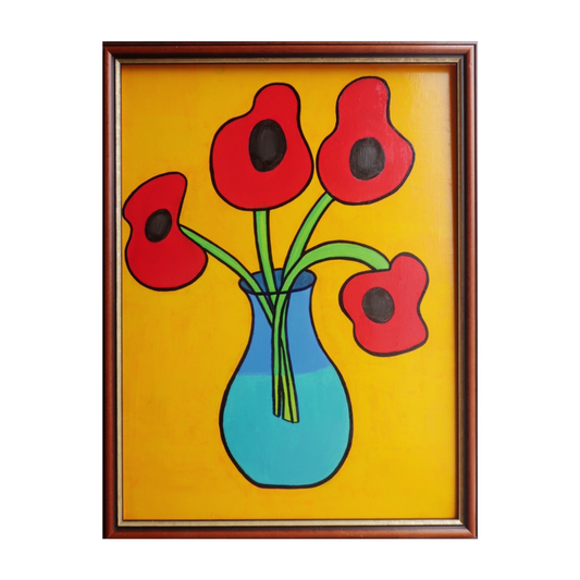 A wooden framed oil painting of four poppies in a vase on a yellow background