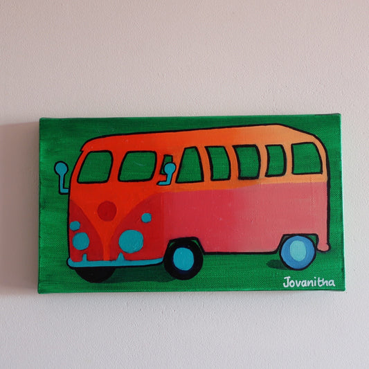 An oil painting of an orange VW Combi van against a green background on a white wall