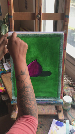 An unwrapping of an oil painting of a purple fig against a green background